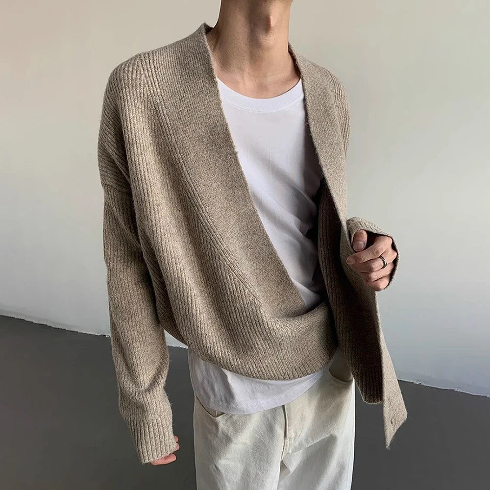 AIDASE  -  American High Street Fashion Solid Color Sweater Jacket Autumn And Winter Irregular Oblique Button V-Neck Cardigan Sweater Men aidase-shop