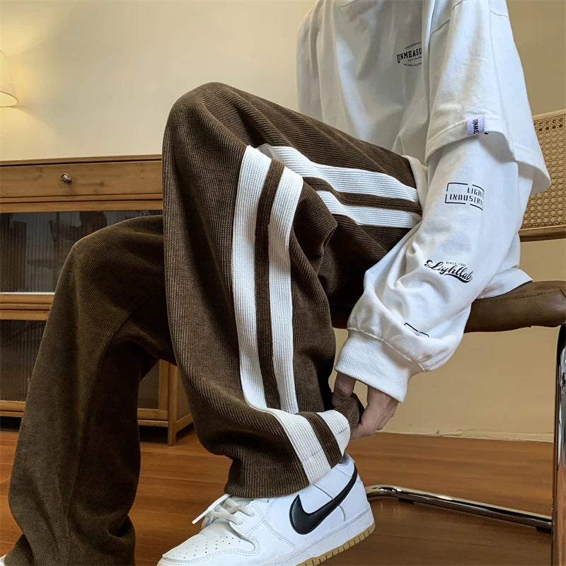 Aidase Loose Coffee Corduroy Pants Men Women Drawstring Striped Wide Leg Pants Autumn Casual Easy Care Anti-wrinkle Mopping Trousers aidase-shop