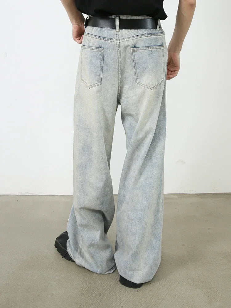 Aidase Korean Style Retro Fashion Distressed Light Blue Jeans Men Zippered Loose Casual Straight Leg Wide Leg Pants aidase-shop