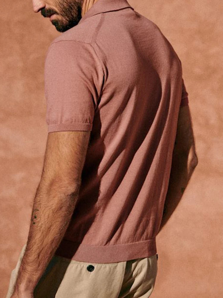 AIDASE  -  Summer Fashion Solid Color Polo Neck Tops Knitting Mens Short Sleeve Button-up Polos Spring Casual Men's Slim Fit Polo Shirts aidase-shop