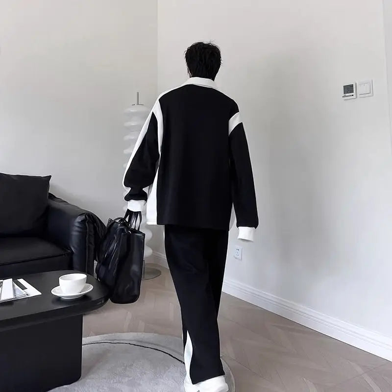 Elegant Black White Color Contrast Sports Shirt Set Long Sleeved Polo Shirt Sweatpants Two Piece Set Casual Handsome Tracksuit aidase-shop