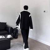 Elegant Black White Color Contrast Sports Shirt Set Long Sleeved Polo Shirt Sweatpants Two Piece Set Casual Handsome Tracksuit aidase-shop