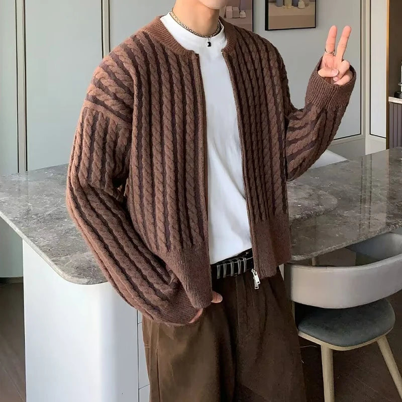 AIDASE  -  New Casual Slim Fit Knit Cardigan Tops Men Fashionable Zipper Sweatercoats Fall Vintage Crochet Knitting Sweater Mens Coats aidase-shop