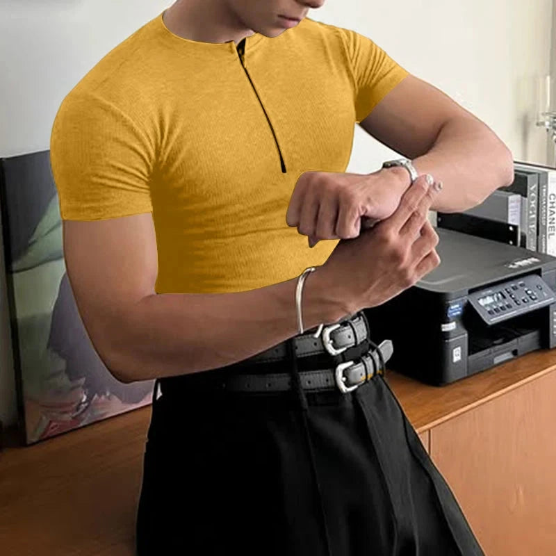 AIDASE  -  Men T Shirt Knitted Solid Color Zipper O-neck Short Sleeve Male Tee Tops Streetwear 2025 Fashion Casual Men Clothing aidase-shop