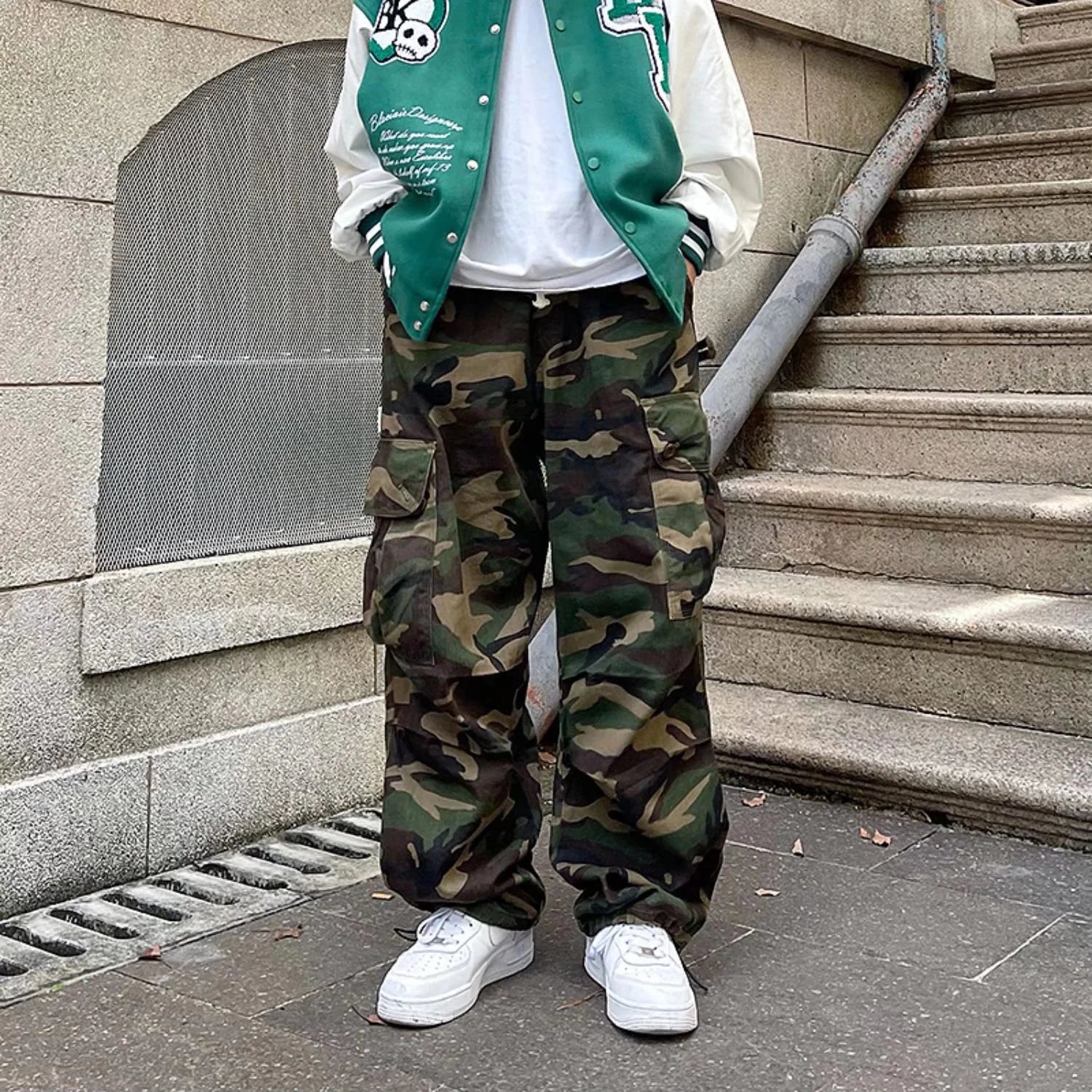 AIDASE  -  High Street Retro Hiphop Pants Baggy Camouflage Cargo Pants Men's Straight Skateboard Street Dance Jogger Pants Trendy Tie Foot aidase-shop