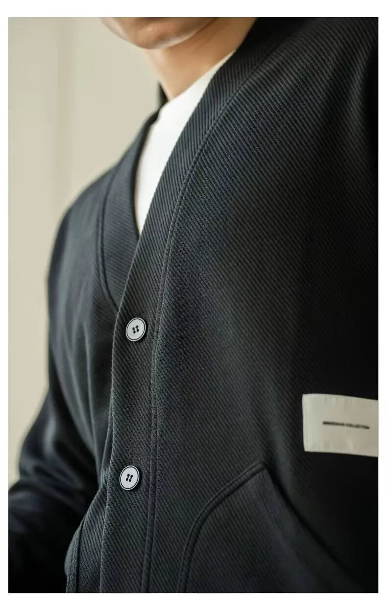 AIDASE  -  European Large V-neck Work Jacket Men's Twill Texture Elastic Long-sleeved Sweatshirt Cardigan Casual Commuting aidase-shop