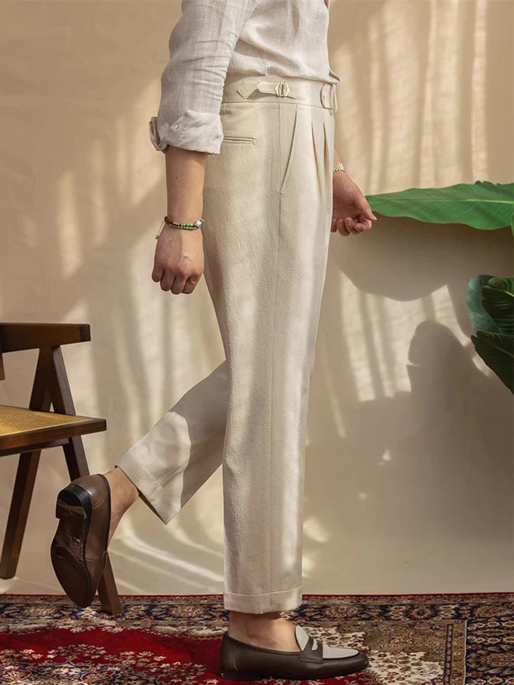 AIDASE  -  Casual Solid Color Pleated High Waist Trousers 2025 Spring Fall Trendy Men's Slim Fit Straight Pants Naples Style Trousers Mens aidase-shop