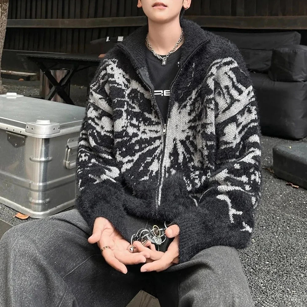 AIDASE  -  American Retro Butterfly Jacquard Zipper Cardigan Sweater Men Autumn Winter Trendy Street Lazy Loose Knitted Jacket Men Clothing aidase-shop