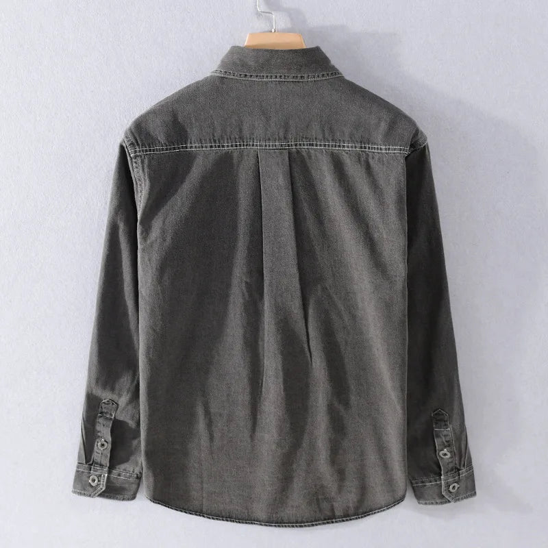 Aidase Dark Gray Distrssed Washed Denim Shirt Men's Clothing Simple Casual Wear Retro Cargo Jeans Tops Long Sleeve Oversize Fashion aidase-shop