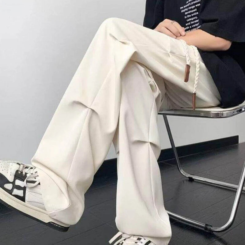AIDASE  -  Men Casual Pants Pleated Decoration Drawstring Straight-leg Design Quick-Dry American High Street Cargo Trousers 21E6839 aidase-shop