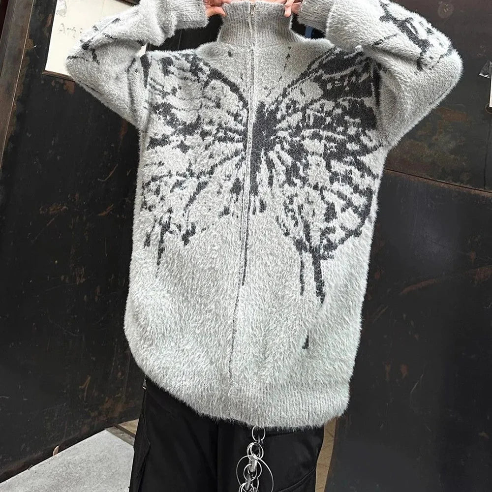 AIDASE  -  American Retro Butterfly Jacquard Zipper Cardigan Sweater Men Autumn Winter Trendy Street Lazy Loose Knitted Jacket Men Clothing aidase-shop