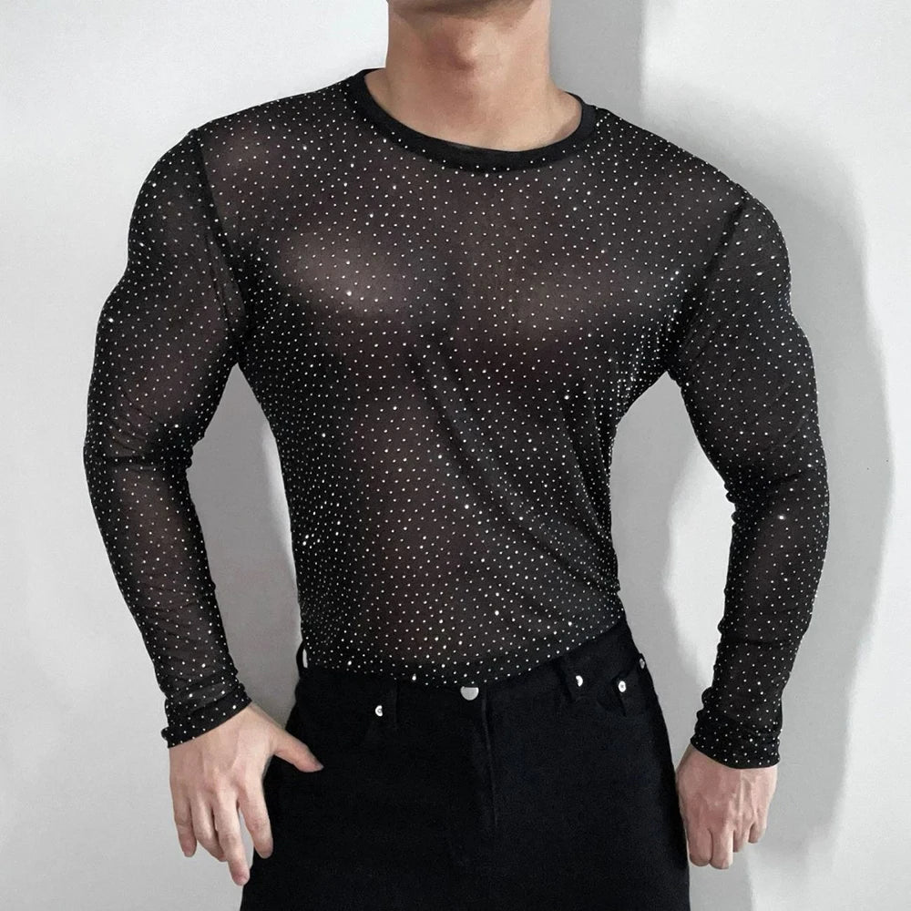 AIDASE  -  Men's Diamond Mesh Solid Color Long-Sleeved T-Shirt Sexy American Fashion Trend Casual Slim Breathable Niche Summer Men's Tops aidase-shop
