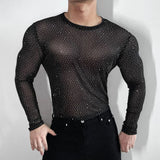 AIDASE  -  Men's Diamond Mesh Solid Color Long-Sleeved T-Shirt Sexy American Fashion Trend Casual Slim Breathable Niche Summer Men's Tops aidase-shop