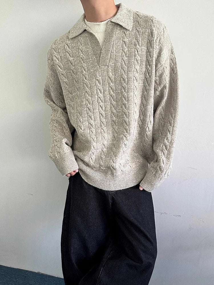 AIDASE  -  Autumn Casual Long Sleeve Knit Jumper Tops Mens Vintage Polo Neck Knitted Pullover Trendy Men's Twist Crochet Sweater Polo Shirt aidase-shop