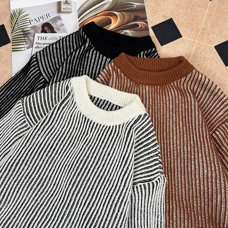 AIDASE  -  Autumn Winter Male Striped Sweater Round Neck Versatile Lazy Style Loose Drop Shoulder Men Knitted Pullover Tops 21E7594 aidase-shop