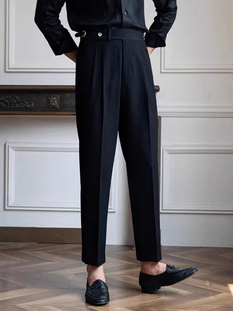 AIDASE  -  Casual Solid Color Pleated High Waist Trousers 2025 Spring Fall Trendy Men's Slim Fit Straight Pants Naples Style Trousers Mens aidase-shop