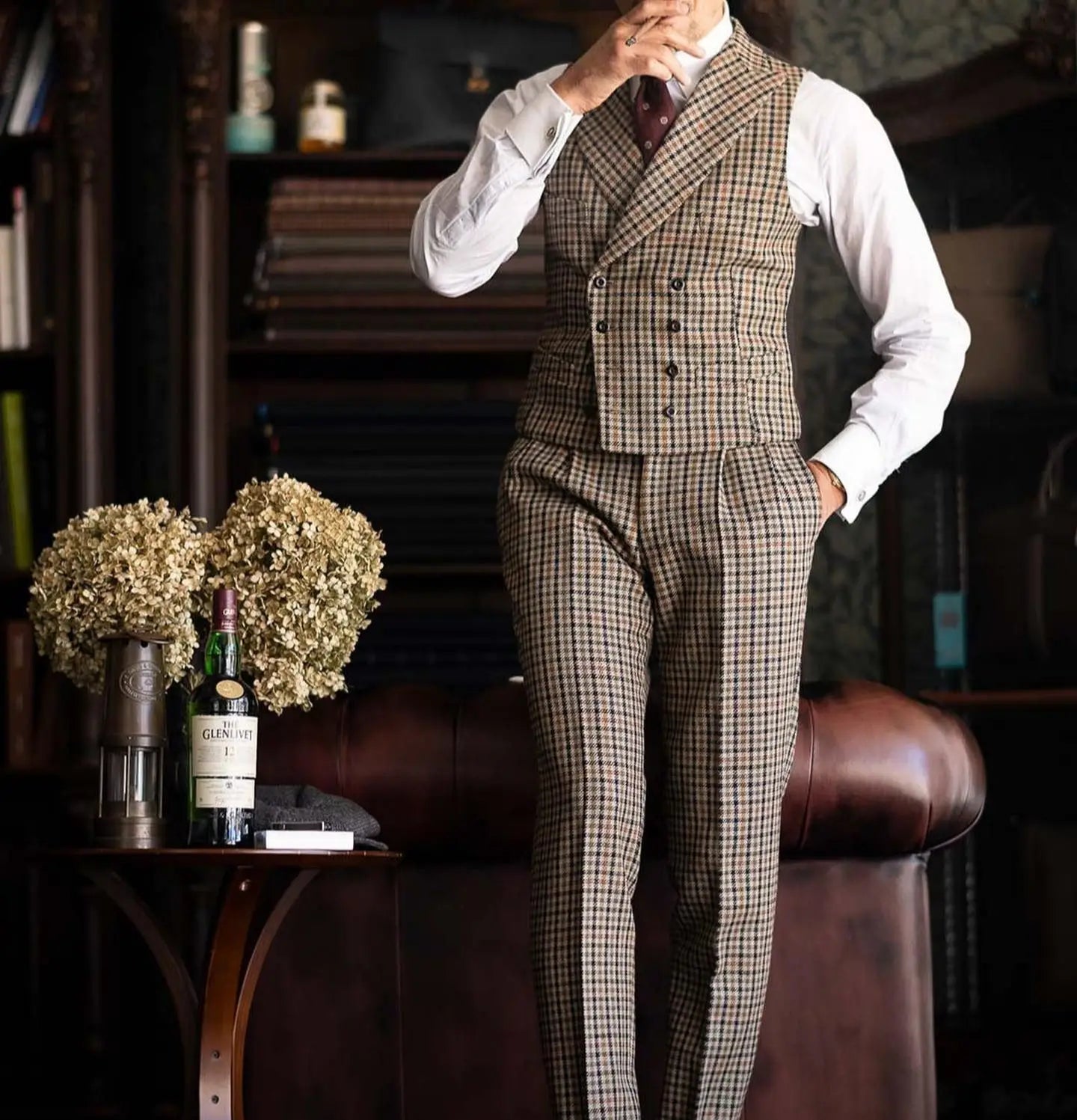 Aidase Burgundy Black Green 3 Color Small Square Thousand Bird Man‘s Suit Set Outfit Notch Lapel Blazer Trousers 3pcs Jacket Pants Vest aidase-shop