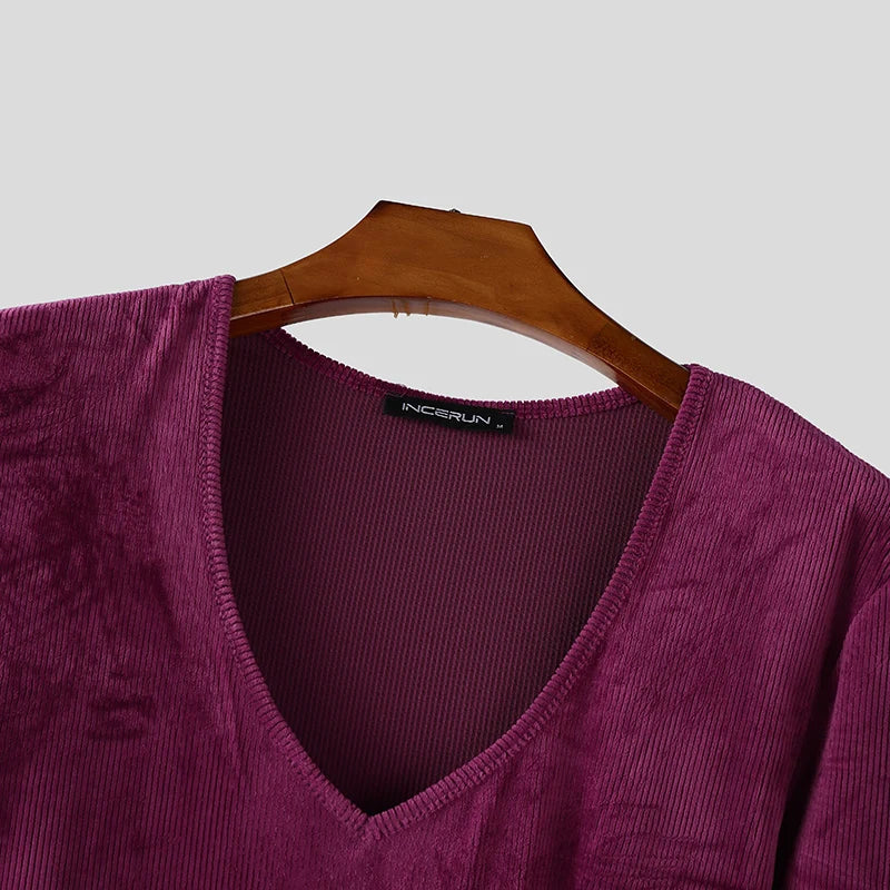 AIDASE  -  Men Irregular T Shirt Solid Color V Neck Short Sleeve Long Style Tee Tops Streetwear 2025 Fashion Casual Men Clothing aidase-shop