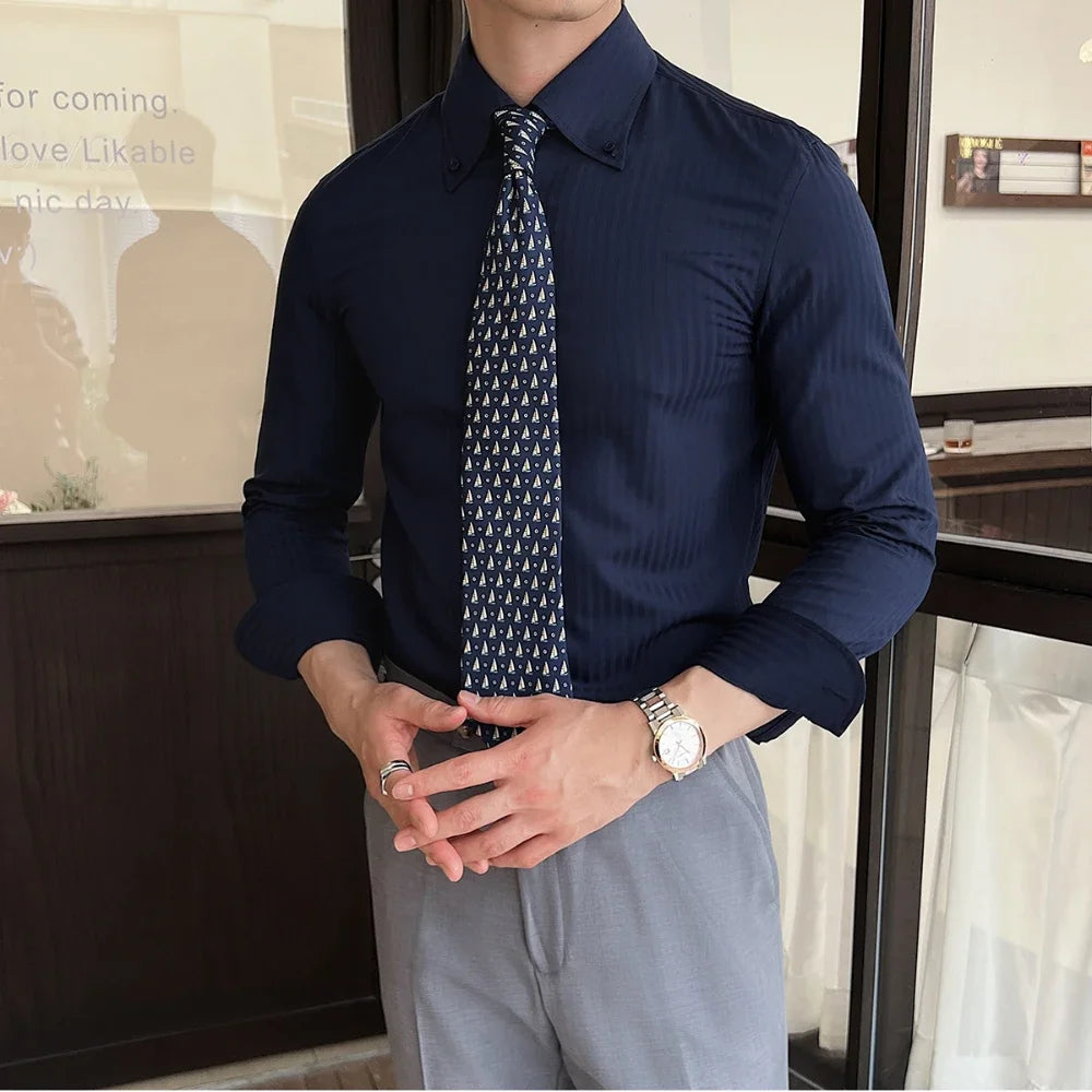 Aidase Men's New Long Sleeve Dark Stripes, Business Casual Lapels Top, Navy Blue Gentleman Banquet Shirt, Non-Ironing Treatment aidase-shop