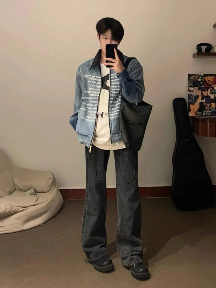 AIDASE  -  Men's Clothing Vintage Letter Zipper Denim Jacket Men's Spring And Fall Design Lapel Washed Biker Jacket Outerwears Coats Y2k aidase-shop