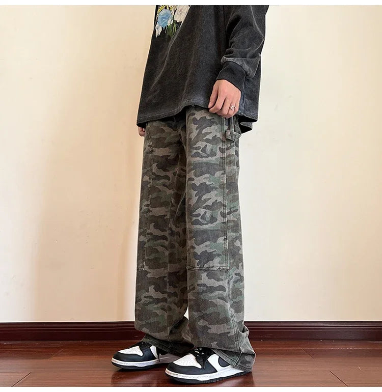 Aidase Jeans Men Military Fashion High Street Daily Spring Autumn Camouflage Spliced Handsome Loose American Style Teenagers Versatile aidase-shop