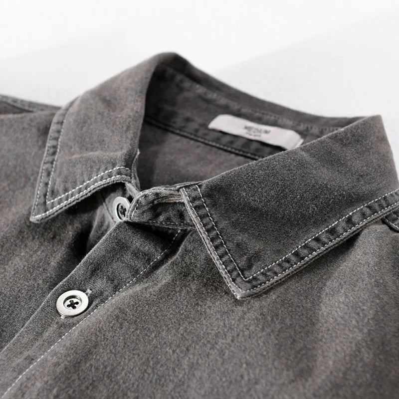 Aidase Dark Gray Distrssed Washed Denim Shirt Men's Clothing Simple Casual Wear Retro Cargo Jeans Tops Long Sleeve Oversize Fashion aidase-shop