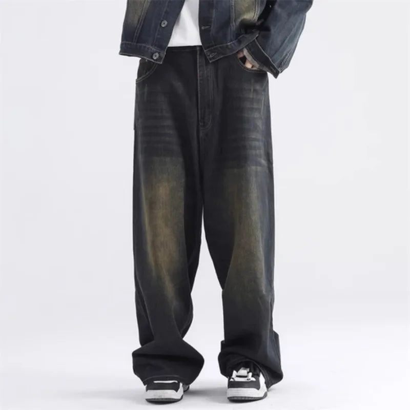 Aidase American Retro Vintage Denim Lapel Jacket Men's Hight Street Drape Wide Leg Jeans Hip Hop Trousers Suit/single Piece aidase-shop