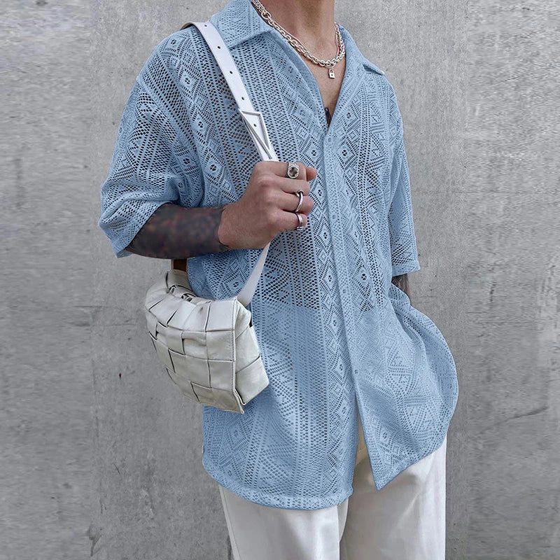 AIDASE  -  Men Shirt Mesh See Through Lapel Short Sleeve Sexy Male Shirts Summer Loose Tops Streetwear 2025 Fashion Men Clothing aidase-shop
