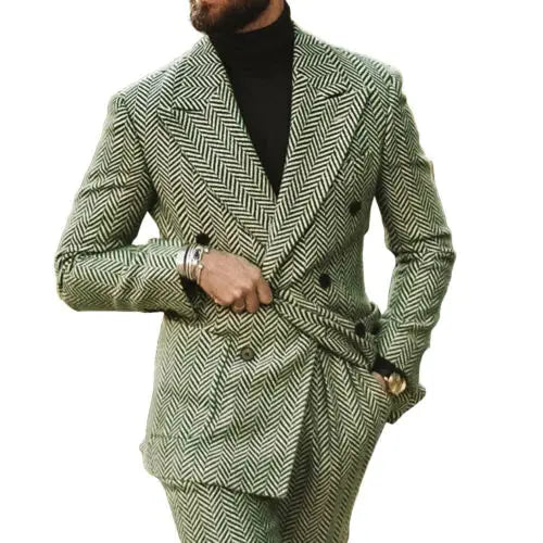 Aidase Herringbone Men Suit Slim Fit Wool Blend Double Breasted Tuxedos Formal Tailored 2Pieces Jacket and Pants aidase-shop
