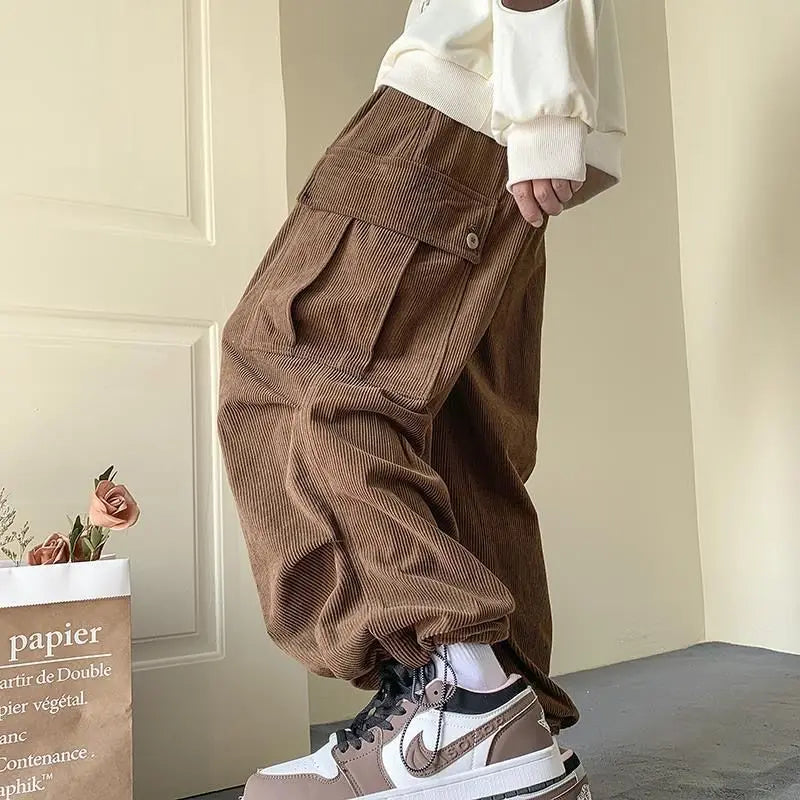 Aidase Corduroy Cargo Pants for Men Streetwear Black Cargo Trousers Male Joggers Hip Hop Green Black Japanese Pocket Korean aidase-shop