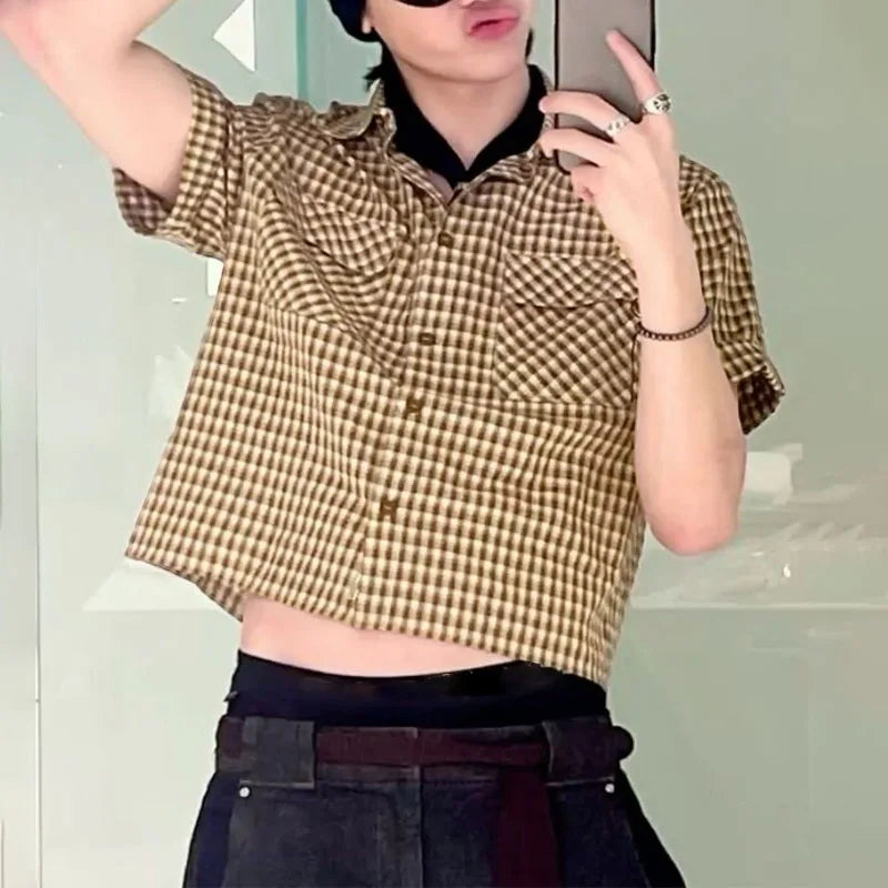 AIDASE  -  Men Plaid Shirt Lapel Short Sleeve Pockets Korean Style Men Clothing Summer Loose 2025 Streetwear Causal Male Crop Tops aidase-shop