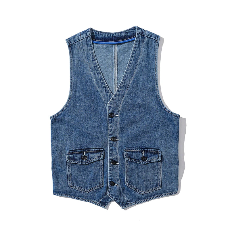 Aidase Denim Vest Men's Jacket Spring Autumn Jeans Jacket V-neck Design Korean Vest Loose Casual Fashion All-match Style Male Clothing aidase-shop