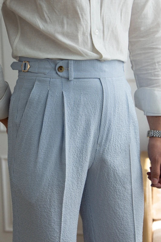 Aidase 2024 Spring Seersucker High Waist Straight Pants British Petty Bourgeoisie Blue Stripe Italian Casual Trousers Men aidase-shop