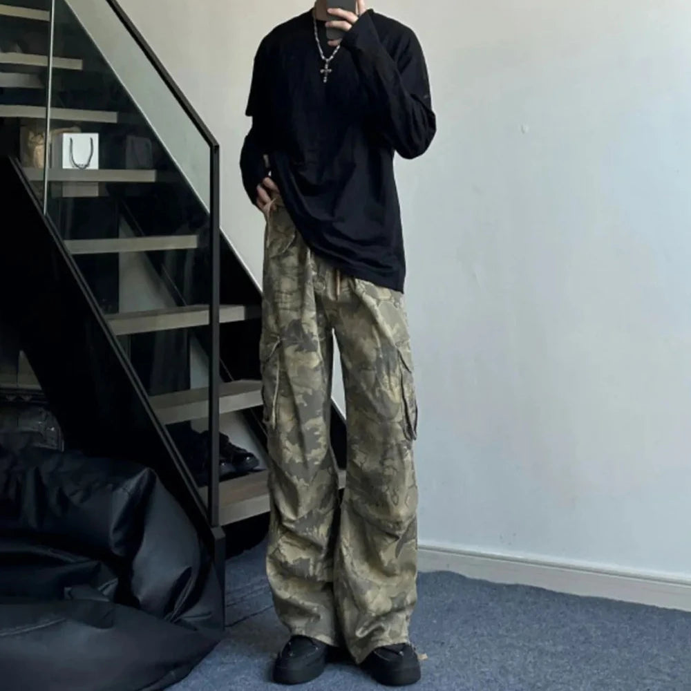 Aidase Mens Y2k American Retro Pocket Camouflage Straight Pants Genderless Trendy Hip-Hop Workwear Style Loose Wide-Leg Pants Unisex aidase-shop