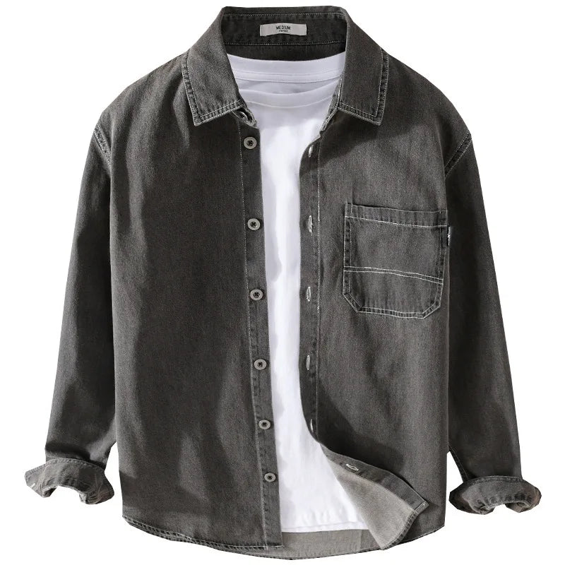 Aidase Dark Gray Distrssed Washed Denim Shirt Men's Clothing Simple Casual Wear Retro Cargo Jeans Tops Long Sleeve Oversize Fashion aidase-shop