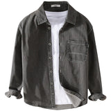 Aidase Dark Gray Distrssed Washed Denim Shirt Men's Clothing Simple Casual Wear Retro Cargo Jeans Tops Long Sleeve Oversize Fashion aidase-shop