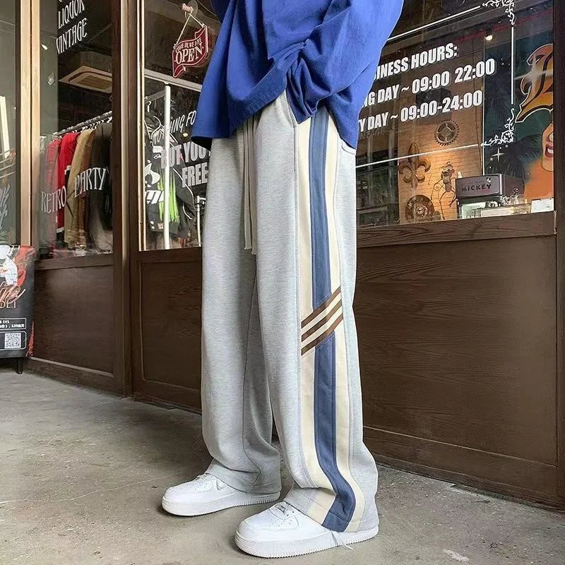 Aidase American Street Trendy Fashion Striped Contrasting Colors Casual Pants Elastic Waist Drawstring Pockets Loose Straight Trousers aidase-shop