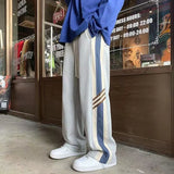 Aidase American Street Trendy Fashion Striped Contrasting Colors Casual Pants Elastic Waist Drawstring Pockets Loose Straight Trousers