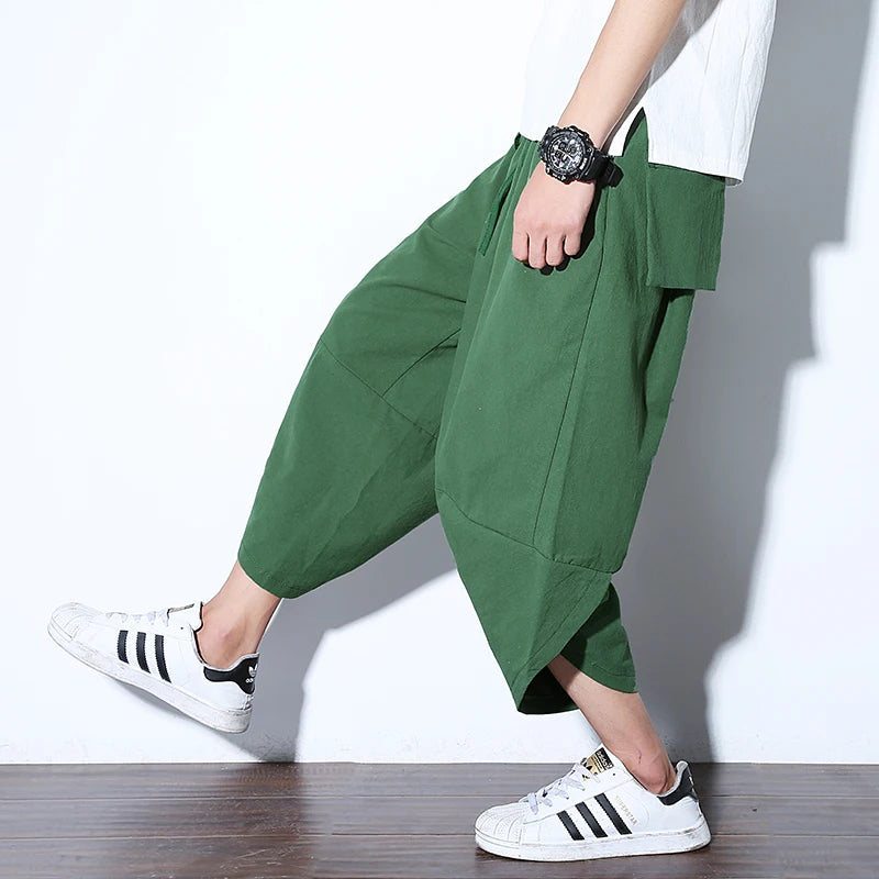 Aidase Summer Calf Length Pants Men Casual Loose Chinese Style Elastic Waist Linen Pant Man aidase-shop