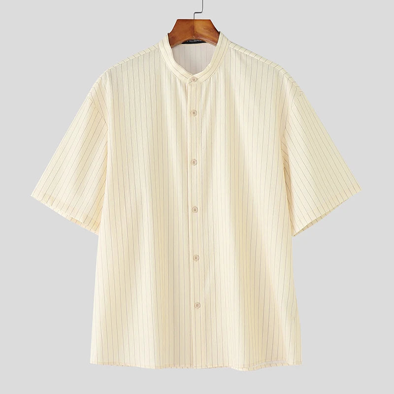 AIDASE  -  Men Striped Shirt Stand Collar Short Sleeve Button Loose Men Clothing Summer Streetwear 2025 Fashion Casual Male Shirts aidase-shop