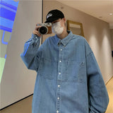 AIDASE  -  Denim Long-sleeved Shirt Men's Solid Color Autumn Korean Style Trendy Simple Shirt Hong Kong Style Loose and Handsome Ins Jacket aidase-shop