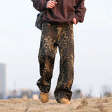 Aidase Leopard Print Jeans Men Fashion Retro Wide Leg Jeans Men Streetwear Hip-hop Loose Straight Jeans Mens Vintage Denim Trousers