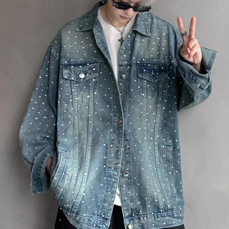 AIDASE  -  Fashion Men's Denim Jacket 2025 New Diamond-studded Decoration Long Sleeve Lapel Single-breasted Men Coats Trend 21E6846 aidase-shop