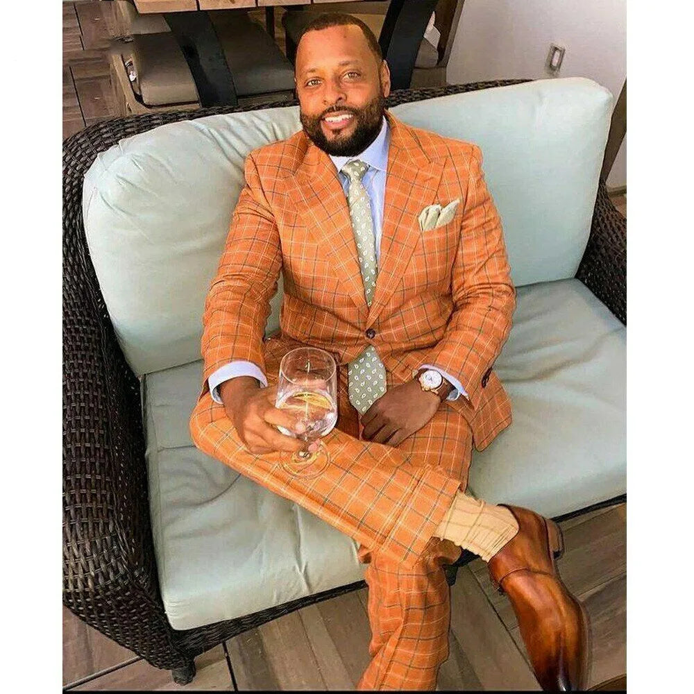 Aidase Gentle Orange Plaid Men Suit 2 Pieces Slim Fit Tailor-Made Blazer Pants Single Breasted Wedding Groom Work Wear Causal Tailored aidase-shop