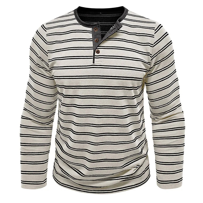 AIDASE  -  New Men's Henley Collar Long Sleeve T-Shirts Striped Casual Button T Shirt for Men Spring Autumn Male Fashion Cotton Tees Tops aidase-shop