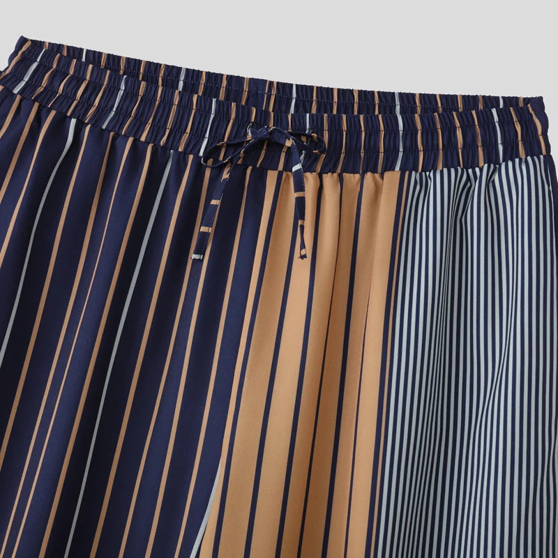 AIDASE  -  Men Pants 2025 Loose Drawstring Striped Patchwork Casual Straight Wide Leg Trousers Men Streetwear Fashion Long Pants aidase-shop