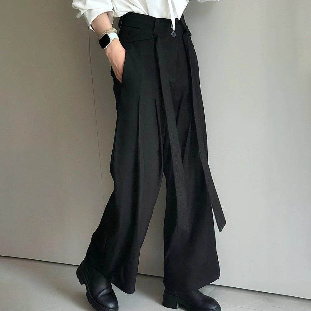 AIDASE  -  Summer New Men's Solid Color Ribbon Suit Trousers American Fashion Trend High Street Loose Casual Breathable Men's Bottoms aidase-shop