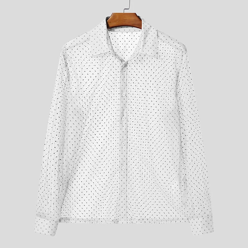 AIDASE  -  Men Shirt Polka Dot Printing Lapel Long Sleeve Button Men Clothing Mesh See Through Loose Fashion Male Shirts Streetwear aidase-shop