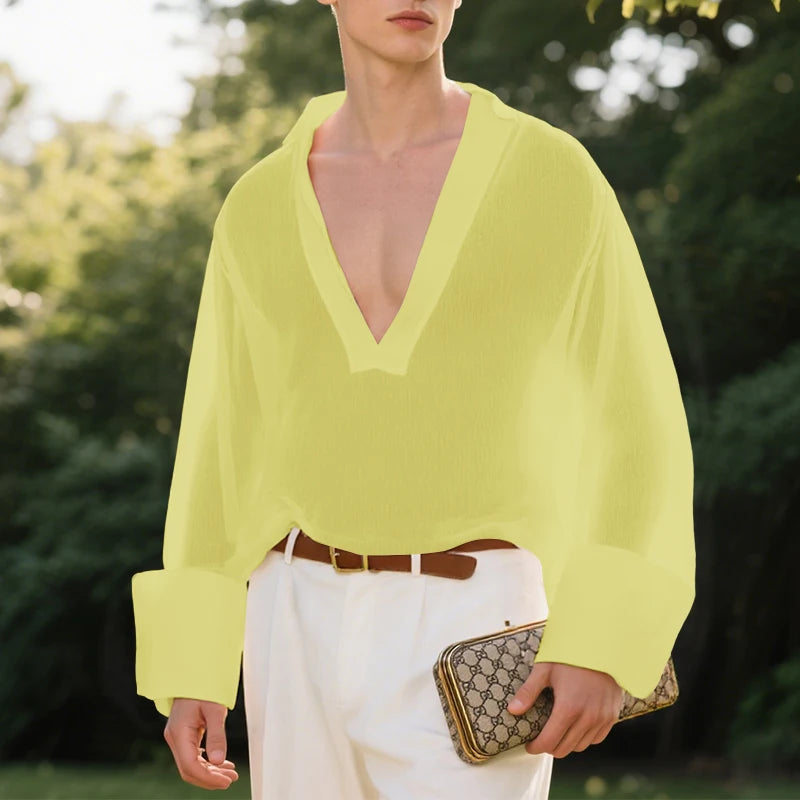 AIDASE  -  Men T Shirt Solid Color V Neck Long Sleeve Loose Casual Male Tee Tops 2025 Streetwear Translucent Fashion Men Clothing aidase-shop