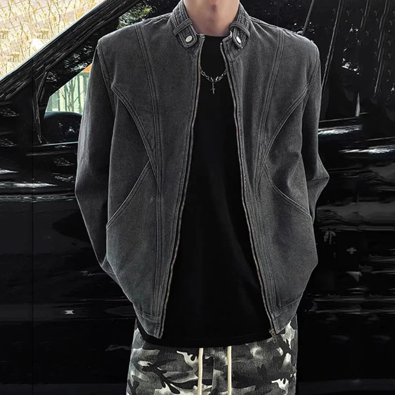 AIDASE  -  Fashion Men's Denim Jacket Personality Patchwork Design Stand Collar Long Sleeve Male Coats Zipper Tide Outerwear 21E7000 aidase-shop